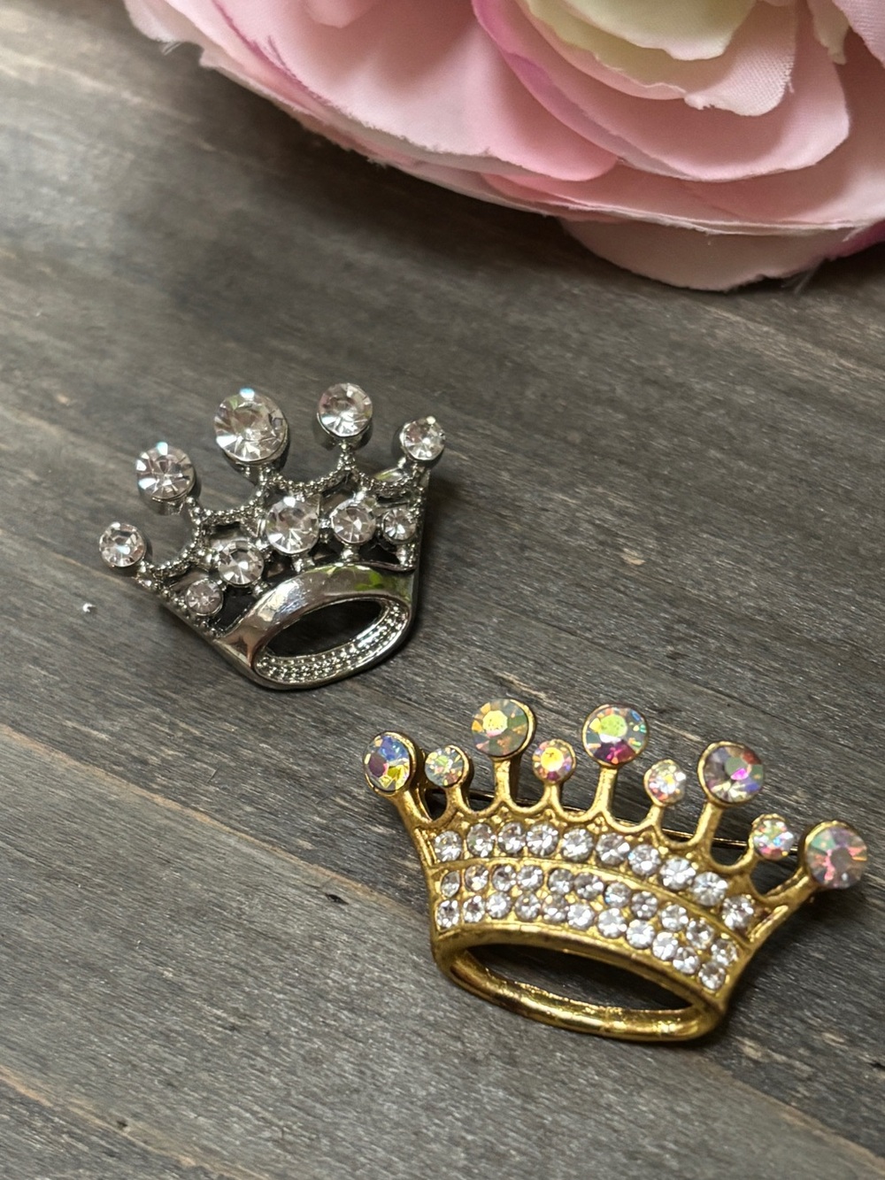 2 Mini Crown Brooches, Gold and Silver